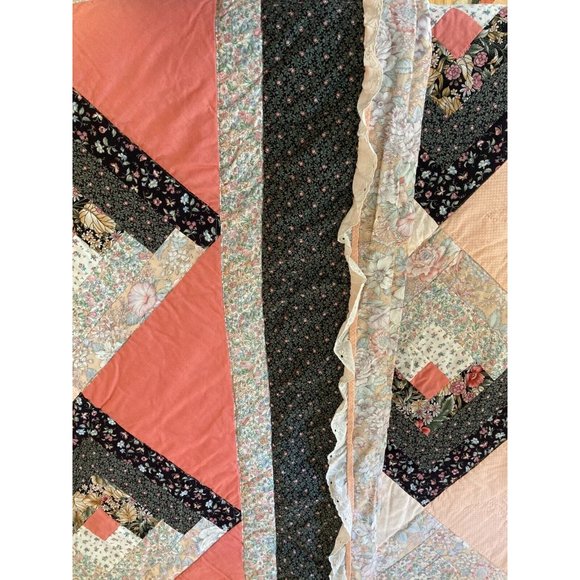 Vtg Handmade Cotton Patchwork Quilt Salmon Multicolor Bedspread- SZ Full - Picture 8 of 8